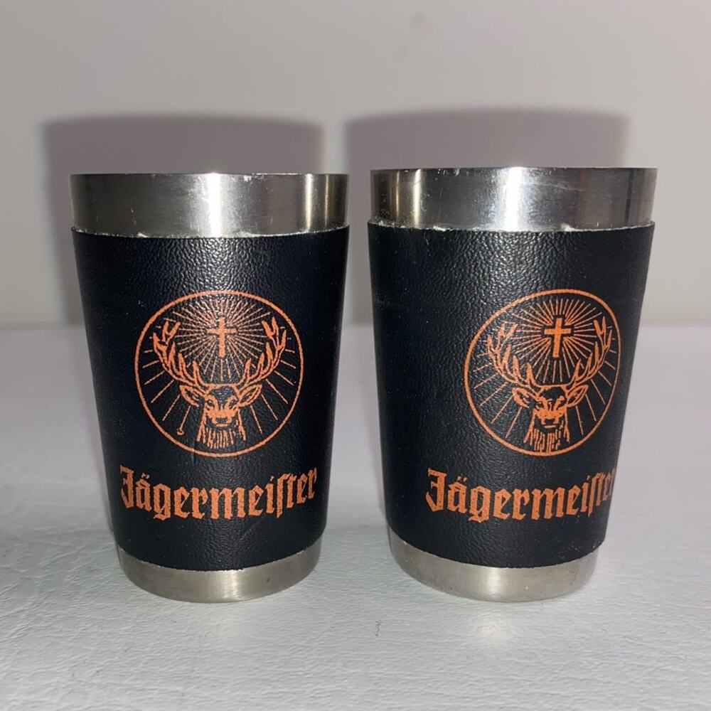 Jagermeister Shot Glasses set of 2 Stainless Steel with Logo on Leather Wrap